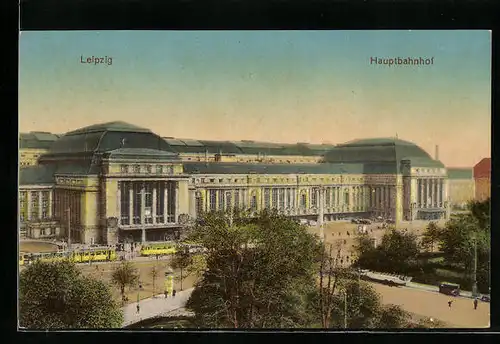 AK Leipzig, Hauptbahnhof mit Strassenbahnen