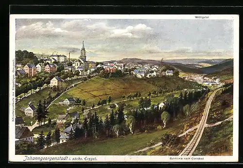 AK Johanngeorgenstadt / Sächs. Erzgeb., Gesamtansicht mit Bahnlinie nach Carlsbad