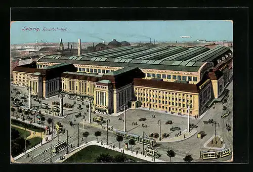 AK Leipzig, Hauptbahnhof aus der Vogelschau