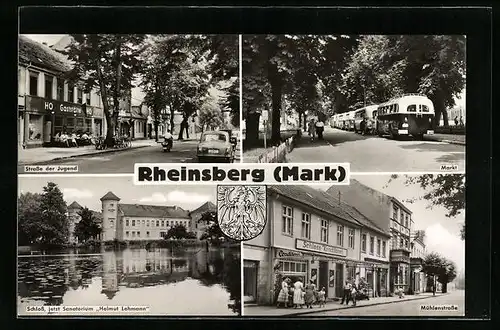 AK Rheinsberg / Mark, Schloss, Strasse der Jugend, Markt, Mühlenstrasse