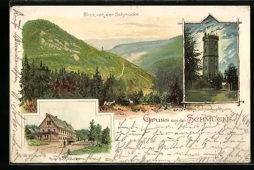 Lithographie Gehlberg, Gasthaus Schmücke, Schneekopfturm bei Mondschein, Panorama