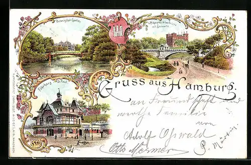 Lithographie Hamburg-St. Pauli, Gasthaus Fährhaus, Karsten-Miles Brücke mit Seewarte, Botanischer Garten