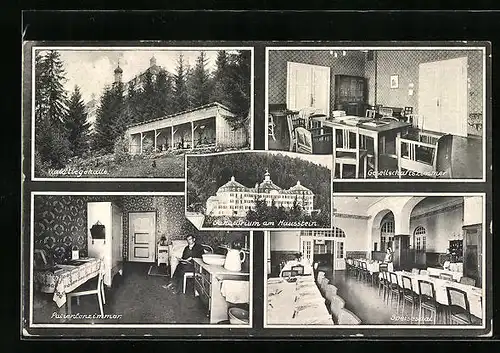 AK Deggendorf /Bayr. Wald, Sanatorium Hausstein, Innenansichten Gesellschaftszimmer und Speisesaal