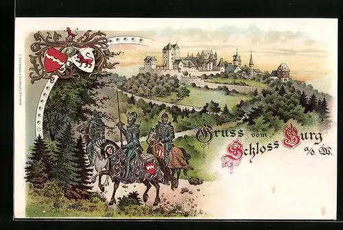 Lithographie Burg a. d. W., Schloss Burg und Rittern zu Pferde