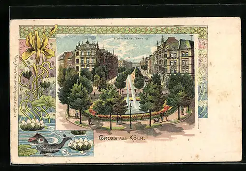 Lithographie Köln-Neustadt, Strasse Hohenstaufenring mit Fontäne
