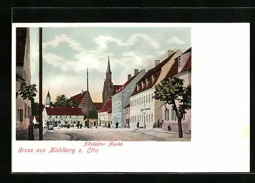 AK Mühlberg a. Elbe, Altstädter Markt mit Gasthaus und Kirche