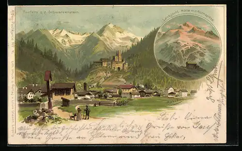 Künstler-AK sign. H. Heubner: Taufers, Totalansicht, Lenkjöchl-Hütte mit Röthspitze
