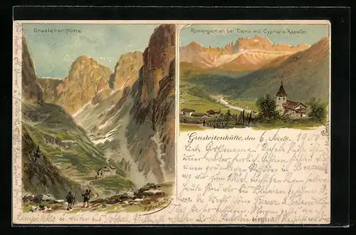 Künstler-AK sign. H. Heubner: Grasleitenhütte, Talblick, Rosengarten bei Thiers mit Cyprians-Kapelle