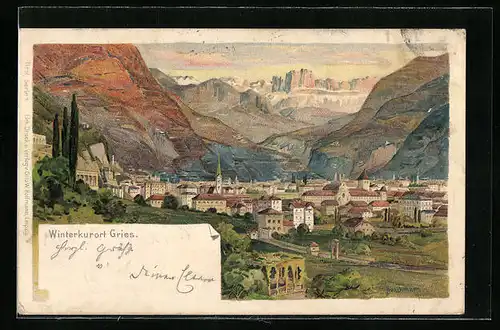 Künstler-AK sign. Hirschmann: Gries, Panorama vom Berg aus gesehen