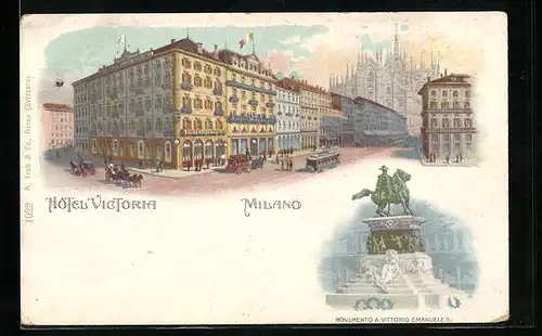 Lithographie Milano, Hotel Victoria, Monumento a Vittorio Emanuele II.