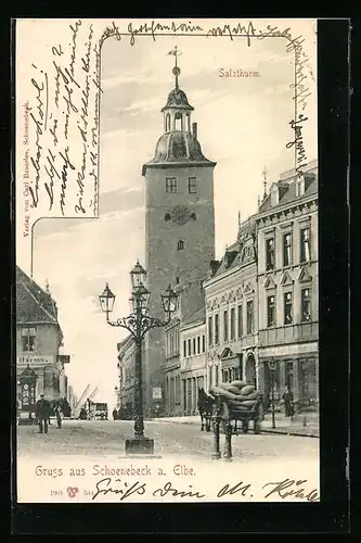 AK Schoenebeck a. Elbe, Salzturm mit Geschäften