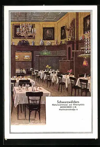 Künstler-AK München, Gasthaus Schwarzwälders Naturweinhaus zur Rheinpfalz, Hartmannstrsse 8, Innenansicht