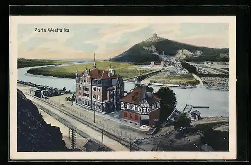 AK Porta Westfalica, Wesertal mit Denkmal aus der Vogelschau