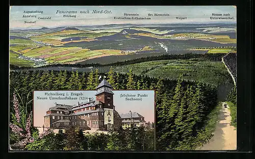 AK Fichtelberg im Erzgeb., Neues Unterkunftshaus, Panorama nach Nord-Ost