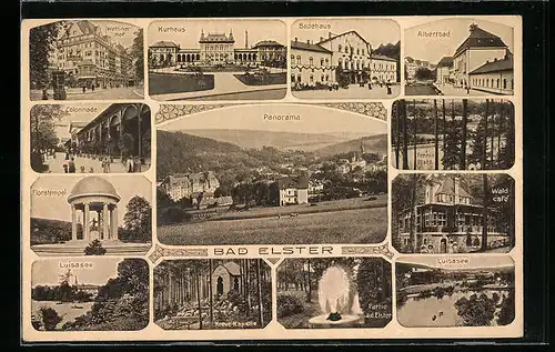 AK Bad Elster, Panorama, Kurhaus, Badehaus, Waldcafè, Albertbad, Tennisplatz, Luisasee, Floratempel, Colonnade