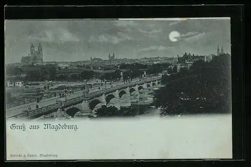 Mondschein-AK Magdeburg, Lange Brücke mit Stadtansicht