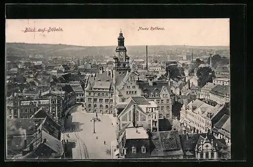 AK Döbeln, Gesamtansicht mit Neues Rathaus aus der Vogelschau