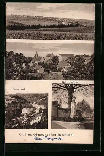 AK Obergruna, zwei Ortsansichten, Hammerwerk, Kriegerdenkmal