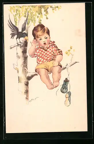 Künstler-AK Hilla Peyk: Junge hört auf die Rufe eines Vogels
