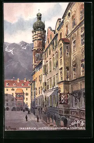Künstler-AK Rudolf Preuss: Innsbruck, Herzogfriedrichstrasse mit Stadtturm