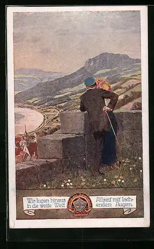 Künstler-AK Ernst Kutzer: Liebespaar schaut von einer Burg hinab auf den Ort