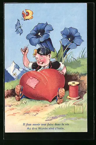 Künstler-AK Paul Minouvis: Il faut savoir tout faire dans la vie, Junge näht ein Herz