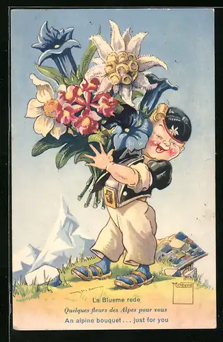 Künstler-AK Paul Minouvis: Junge mit Blumenstrauss - An alpine bouquet...just for you