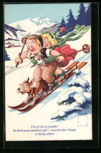 Künstler-AK Paul Minouvis: Junge und Mädchen mit Hund bei der Abfahrt auf Ski