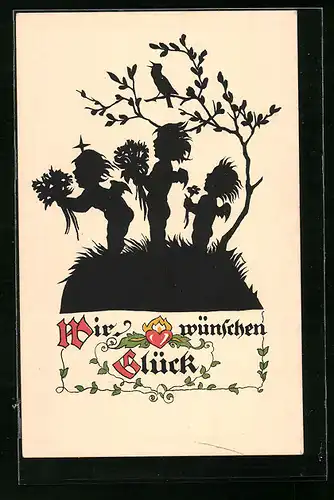 Künstler-AK Georg Plischke: Schattenbild Engelchen mit Blumen wünschen Glück
