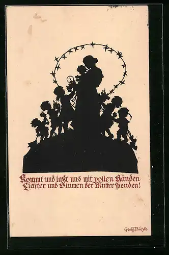 Künstler-AK Georg Plischke: Schattenbild von Kindern welche der Mutter Lichter und Blumen spenden