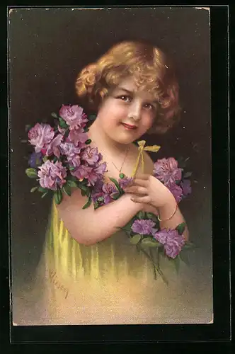 Künstler-AK Arno von Riesen: Hübsches Mädchen mit blau blühenden Blumen