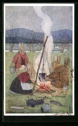Künstler-AK Margaret Tempest: Hasen am offenen Feuer beim Kochen