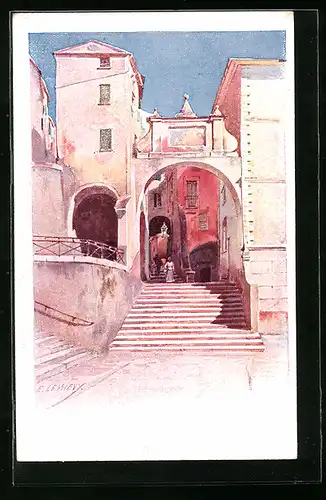 Künstler-AK Ernest Lessieux: Menton, Place de L`Èglise