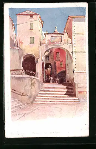 Künstler-AK Ernest Lessieux: Menton, Place de L`Èglise