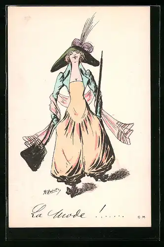 Künstler-AK sign. Roberty: Frau mit tollem Hut und Handtasche