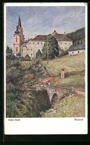 Künstler-AK Erwin Pendl: Mariazell, Teilansicht mit Kirche