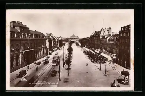 AK Strassbourg, La Place Broglie et le Thèatre, Strassenbahn