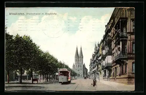 AK Wiesbaden, Rheinstrasse mit Ringkirche und Strassenbahn