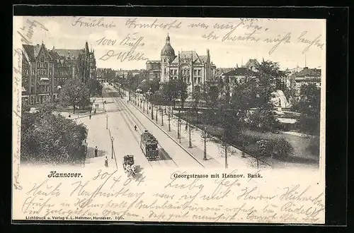 AK Hannover, Strassenbahn in der Georgstrasse mit Hannov. Bank