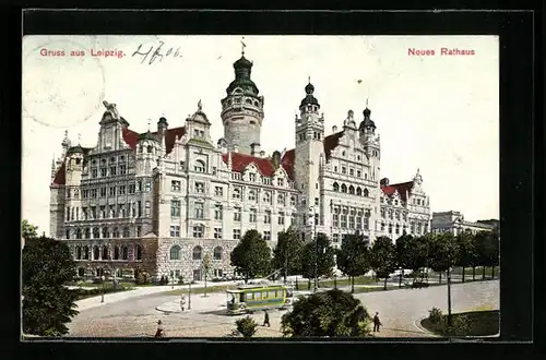 AK Leipzig, Neues Rathaus mit Strassenbahn