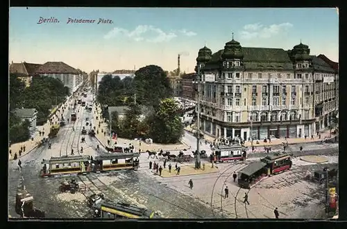 AK Leipzig, Potsdamer Platz mit Strassenbahnen