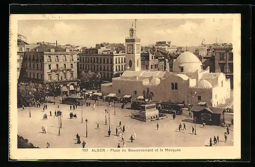 AK Alger, Place du Gouvernement et la Mosquèe, Strassenbahn