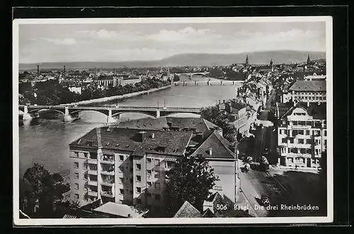 AK Basel, Die drei Rheinbrücken und Strassenbahn