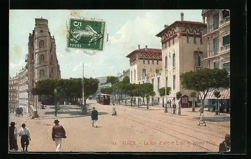 AK Alger, La Rue d`Isly et Ècole de Jeunes Filles, Strassenbahn