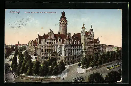 AK Leipzig, Neues Rathaus mit Rathausring und Strassenbahn