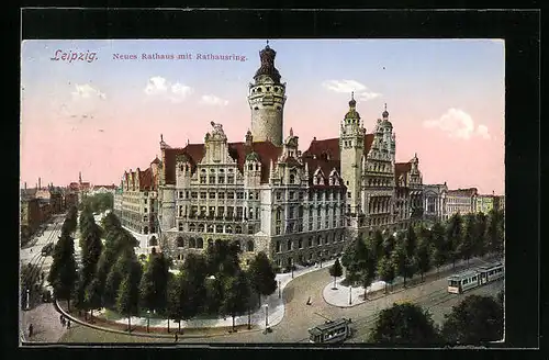 AK Leipzig, Neues Rathaus und Rathausring mit Strassenbahn