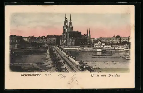 AK Dresden, Strassenbahn auf der Augustusbrücke