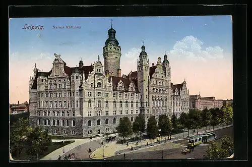 AK Leipzig, Neues Rathaus mit Strassenbahn