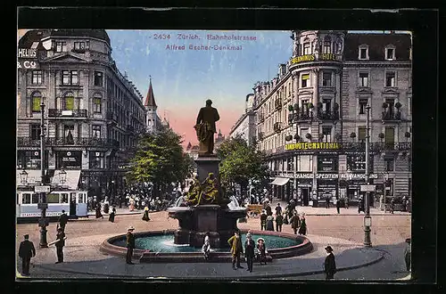 AK Zürich, Bahnhofstrasse mit Alfred Escher-Denkmal und Strassenbahn