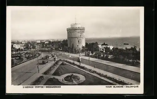 AK Salonique, Tour Blanche, Strassenbahn